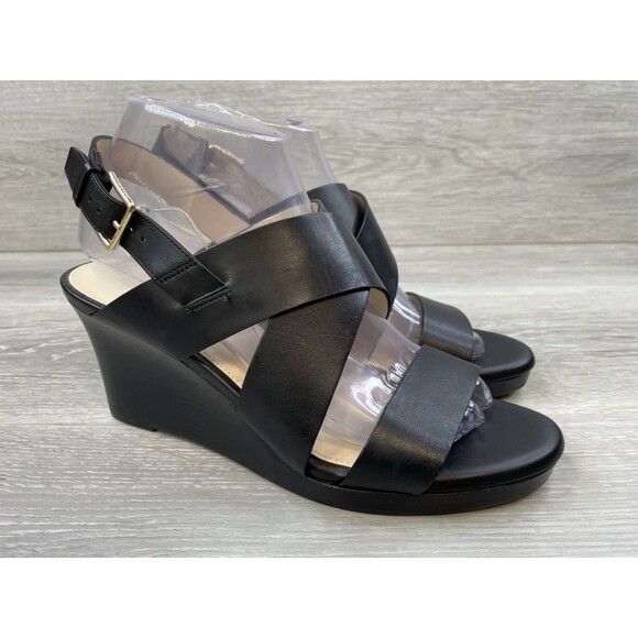 Cole Haan Penelope Sandal Wedge Black Leather 8 Slingback Comfort Work Summer - Picture 1 of 11